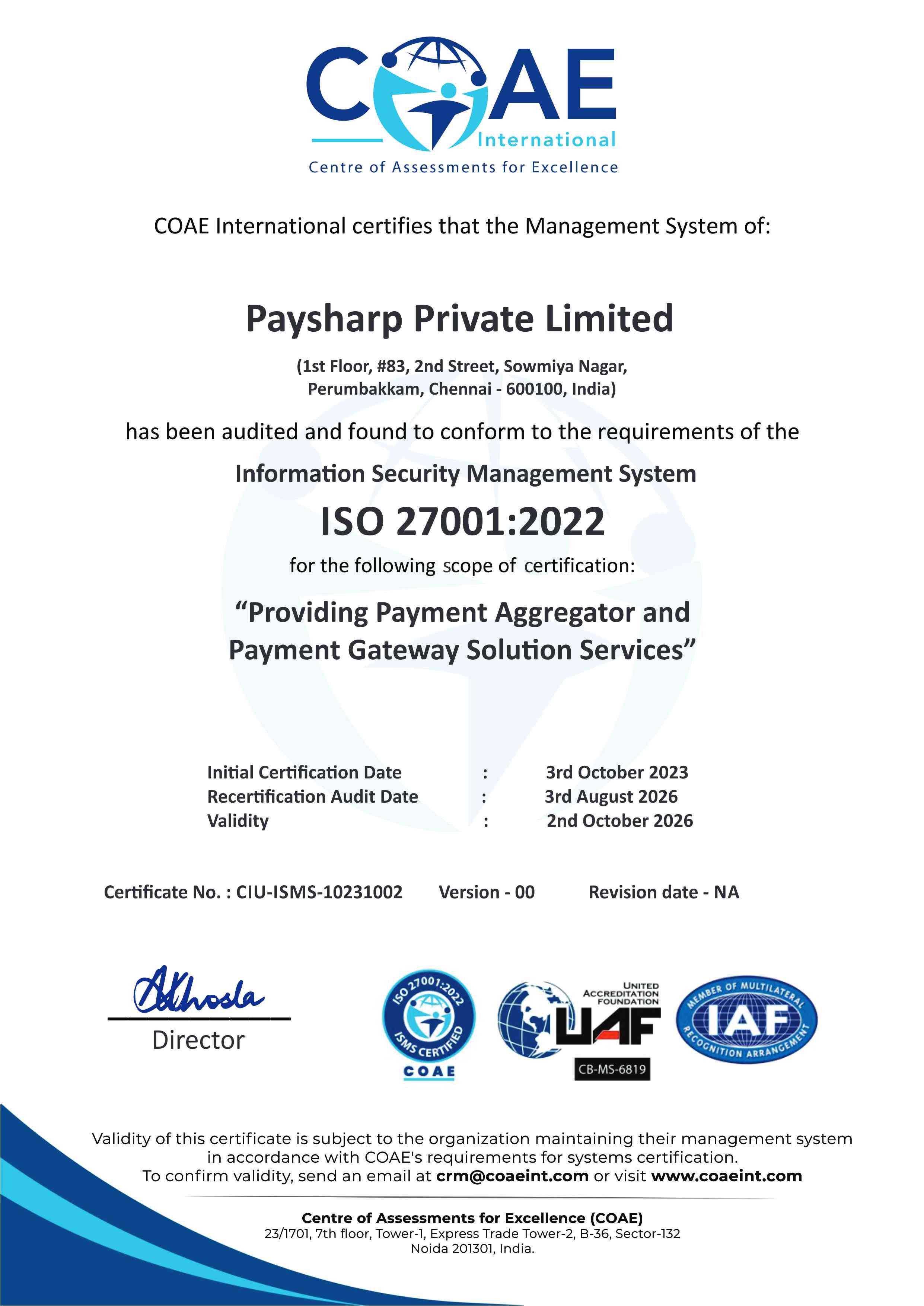 Paysharp ISMS Certificate